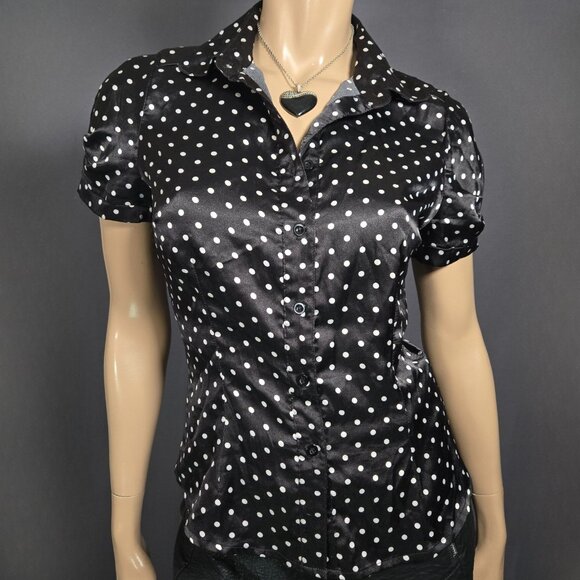 Y2K Fitted Satin Blouse Black Polka Dot Button Up Shirt Size S Short Sleeve - Picture 1 of 10